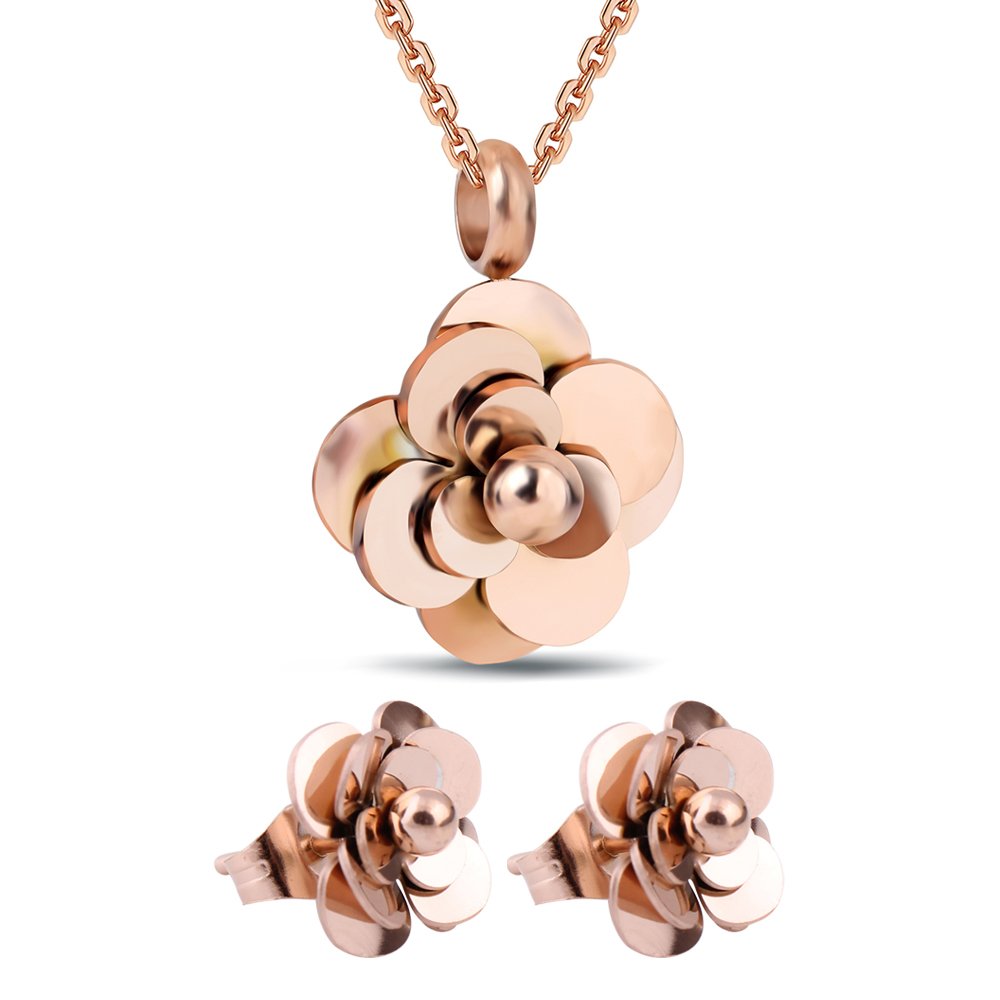 vqysko 不锈钢山茶花吊坠女士花项项链 rose gold (necklace earrings